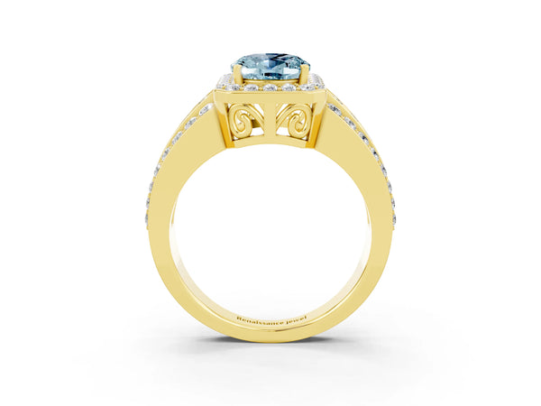 Yellow gold Oval Cut Halo Aquamarine Ring with Round  Split Shank and Prong Setting