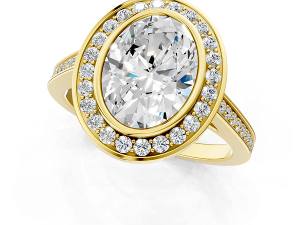 Yellow gold Oval Cut Halo Bezel Diamond Pave Band Ring