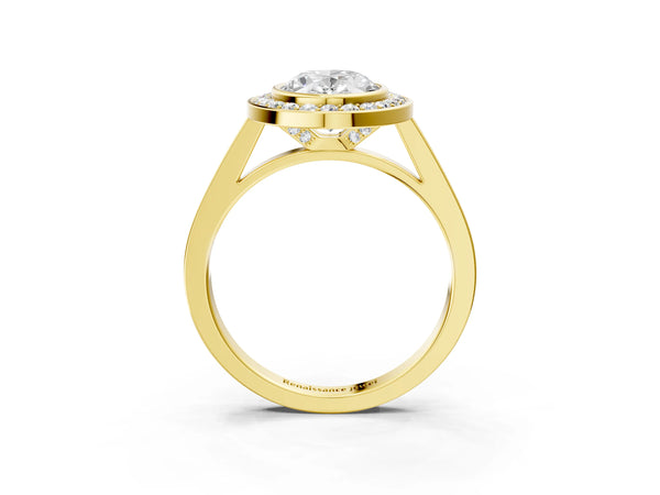 Yellow gold Oval Cut Halo Bezel Diamond Pave Band Ring