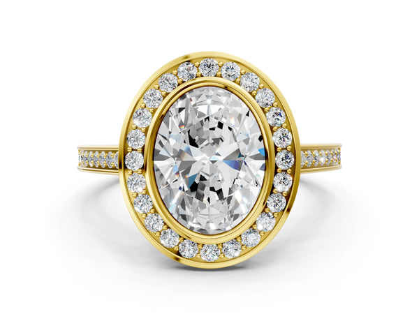Yellow gold Oval Cut Halo Bezel Diamond Pave Band Ring