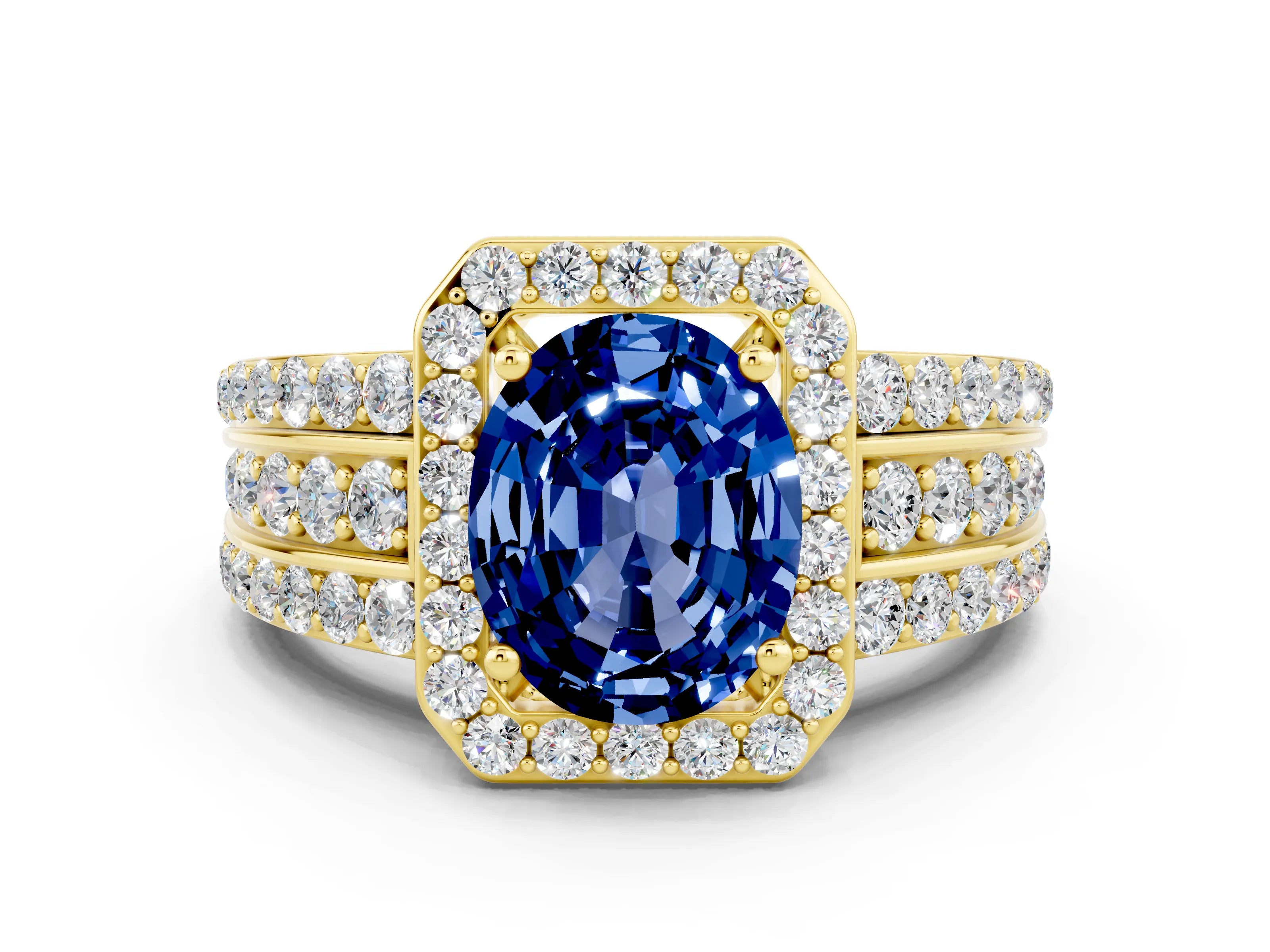 Yellow gold Oval Cut Halo Blue Sapphire Ring with Split Shank and Four-Prong Setting