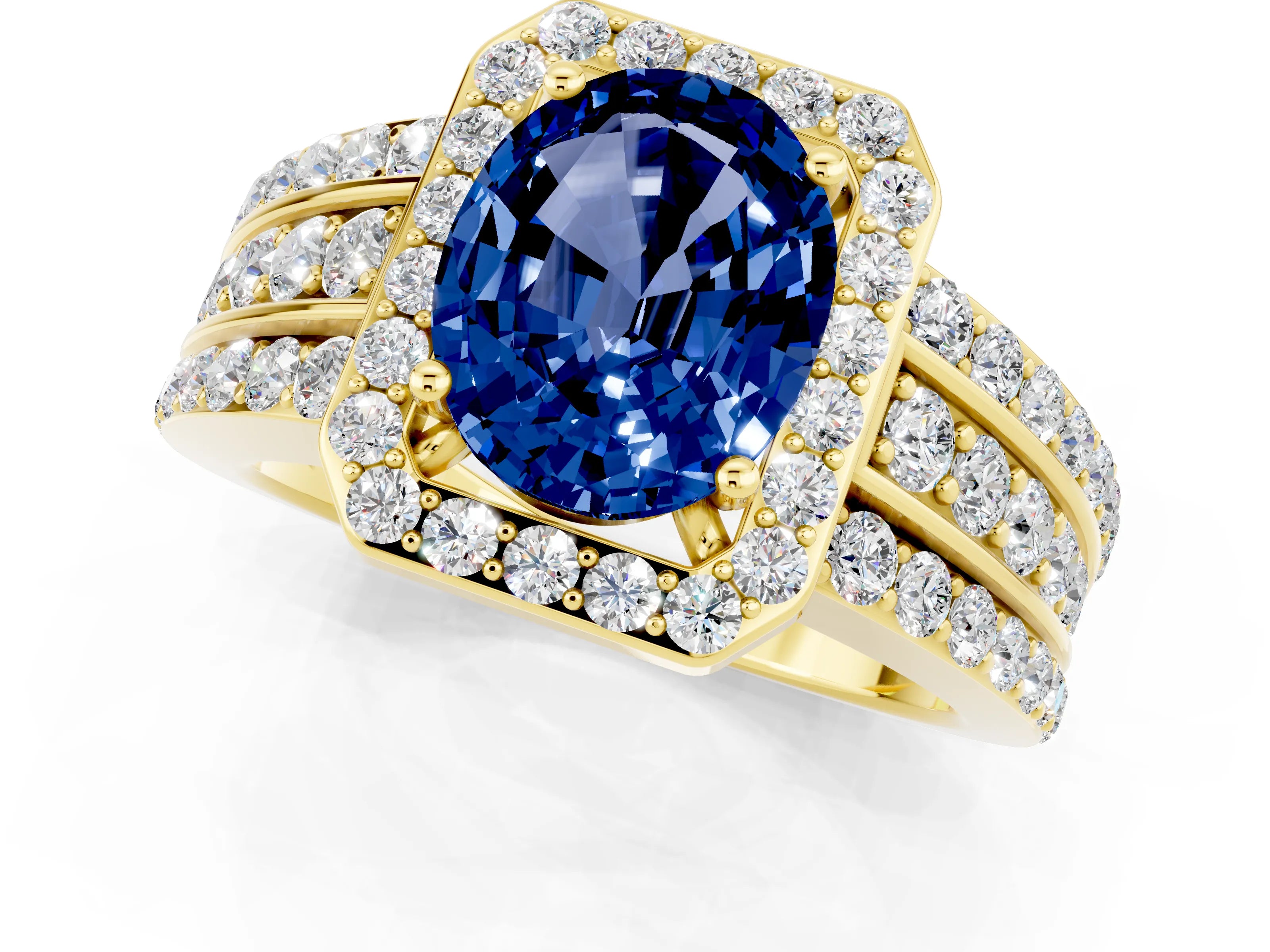 Yellow gold Oval Cut Halo Blue Sapphire Ring with Split Shank and Four-Prong Setting_1