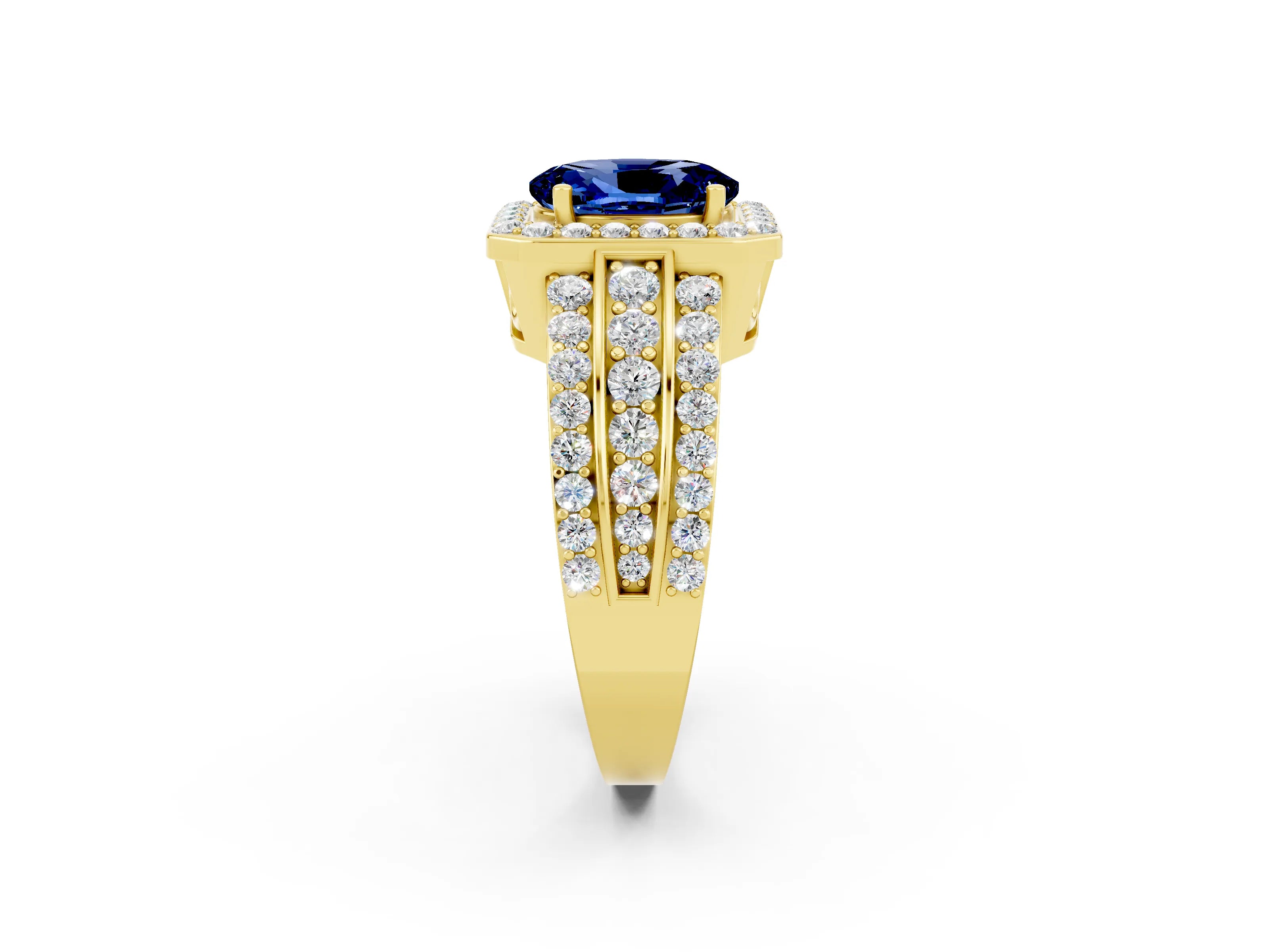 Yellow gold Oval Cut Halo Blue Sapphire Ring with Split Shank and Four-Prong Setting_2