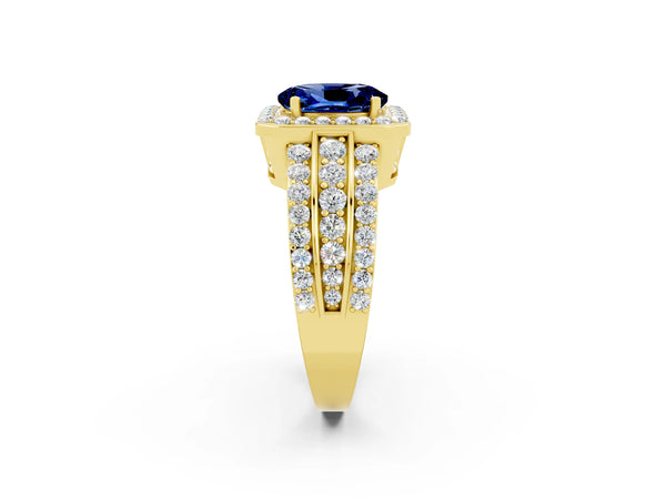 Yellow gold Oval Cut Halo Blue Sapphire Ring with Round  Split Shank and Prong Setting