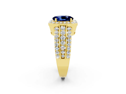 Yellow gold Oval Cut Halo Blue Sapphire Ring with Split Shank and Four-Prong Setting_2