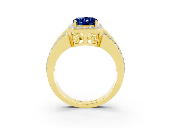 Yellow gold Oval Cut Halo Blue Sapphire Ring with Round  Split Shank and Prong Setting