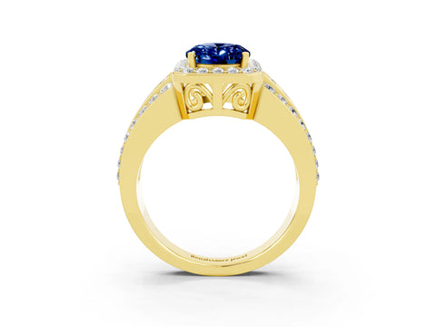 Yellow gold Oval Cut Halo Blue Sapphire Ring with Split Shank and Four-Prong Setting_3