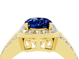 Yellow gold Oval Cut Halo Blue Sapphire Ring with Split Shank and Four-Prong Setting_4