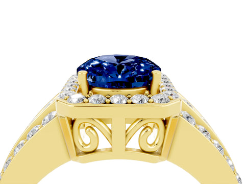 Yellow gold Oval Cut Halo Blue Sapphire Ring with Split Shank and Four-Prong Setting_4