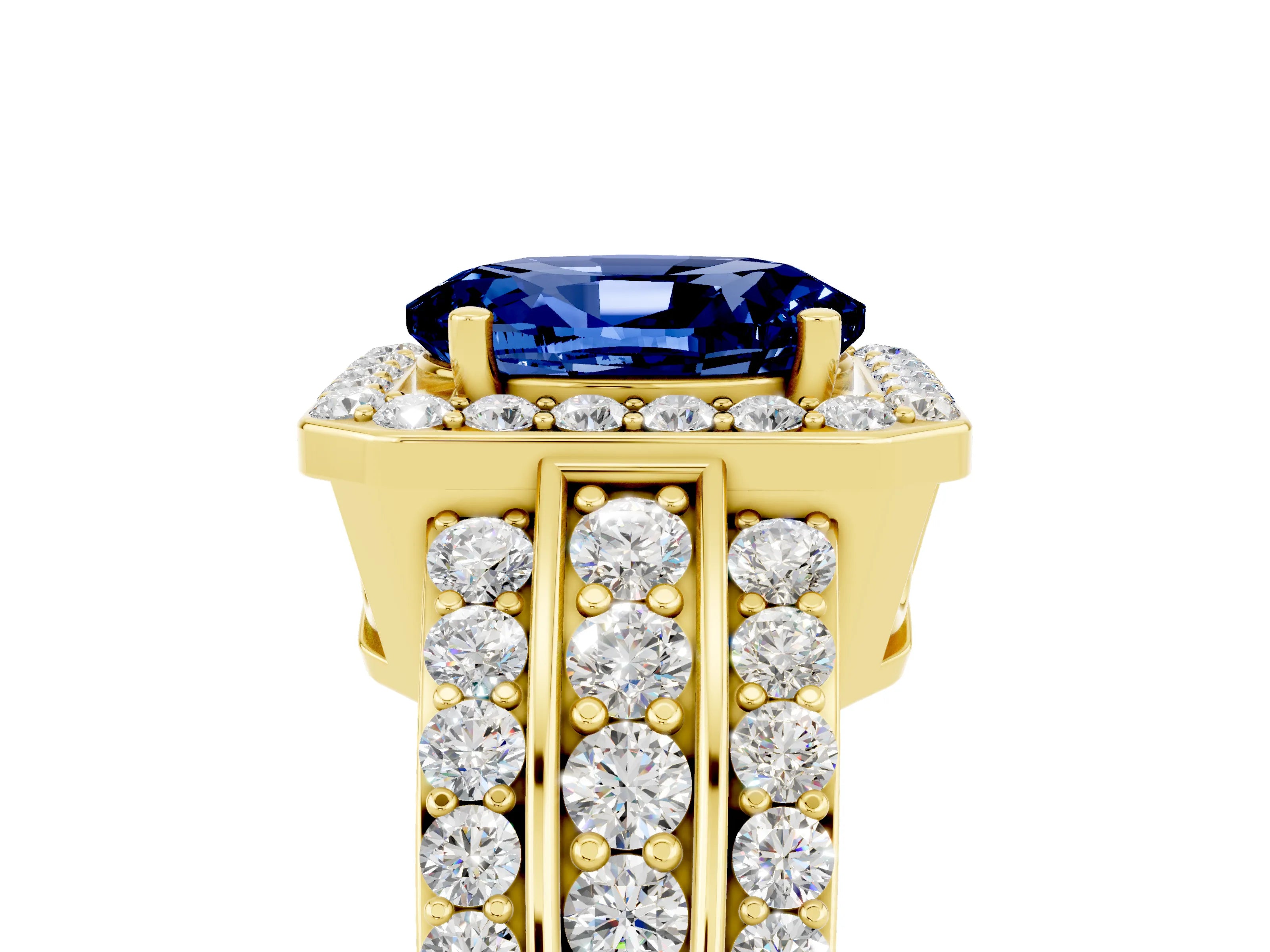 Yellow gold Oval Cut Halo Blue Sapphire Ring with Split Shank and Four-Prong Setting_5