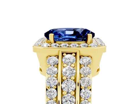 Yellow gold Oval Cut Halo Blue Sapphire Ring with Split Shank and Four-Prong Setting_5