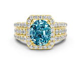 Yellow gold Oval Cut Halo Blue Topaz Ring with Split Shank and Four-Prong Setting