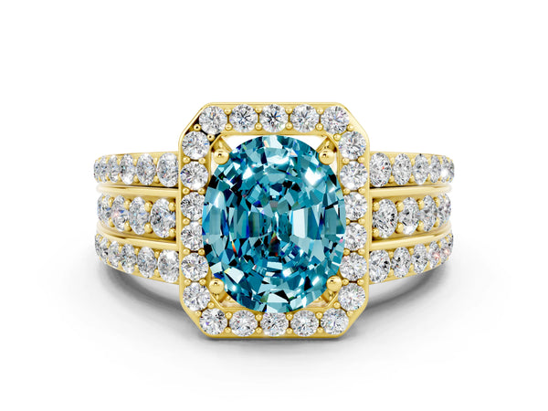 Yellow gold Oval Cut Halo Blue Topaz Ring with Round  Split Shank and Prong Setting