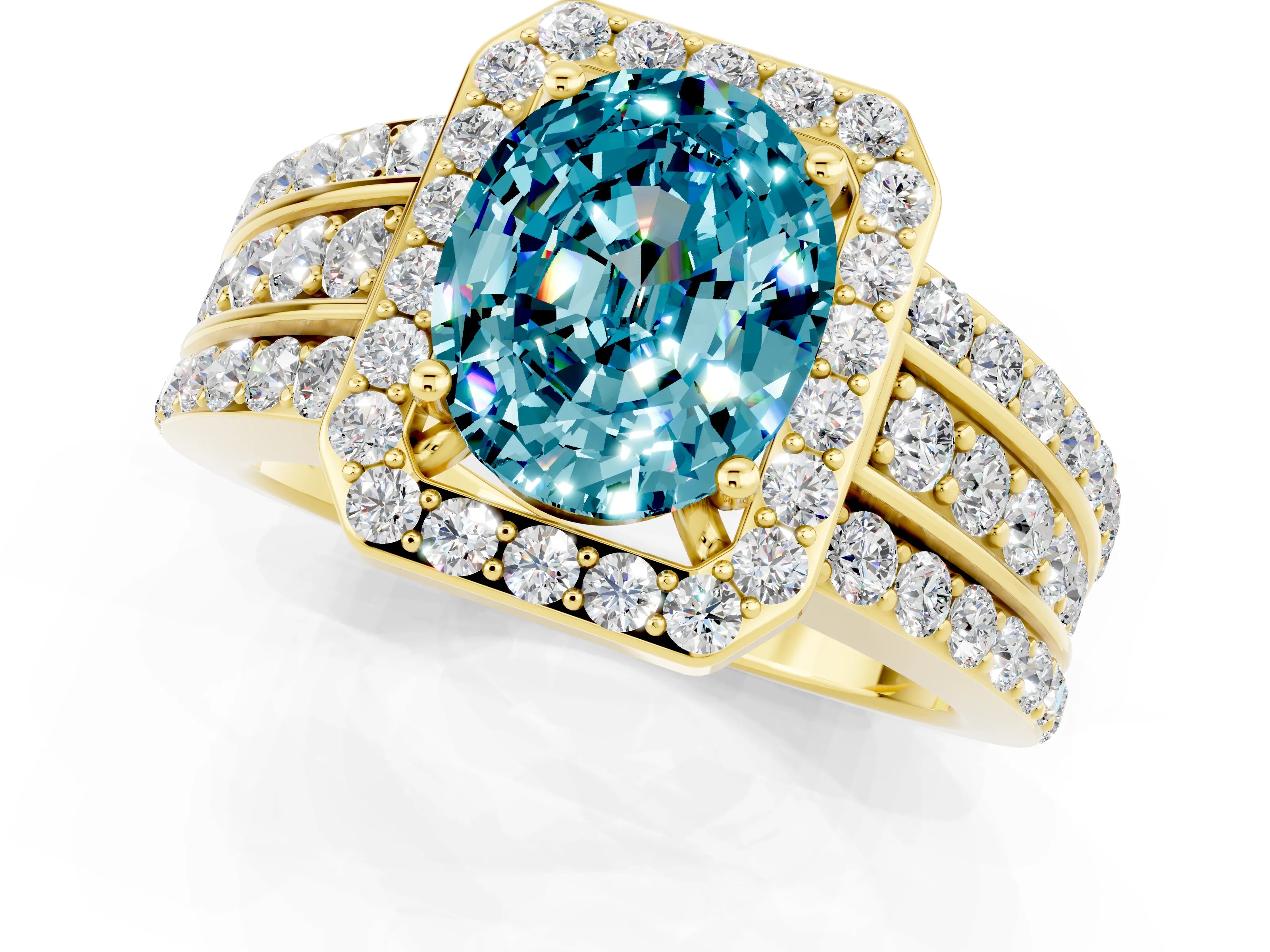 Yellow gold Oval Cut Halo Blue Topaz Ring with Split Shank and Four-Prong Setting_1