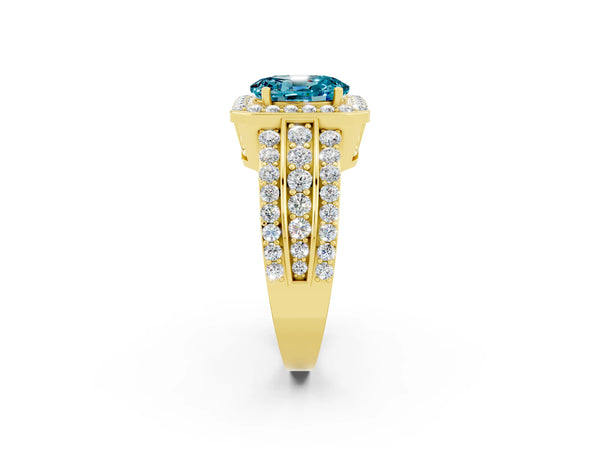 Yellow gold Oval Cut Halo Blue Topaz Ring with Round  Split Shank and Prong Setting