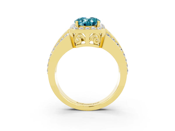 Yellow gold Oval Cut Halo Blue Topaz Ring with Round  Split Shank and Prong Setting