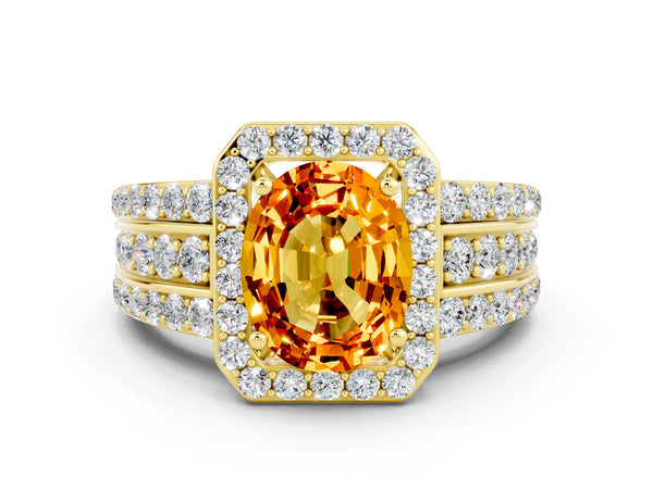 Yellow gold Oval Cut Halo Citrine Ring with Round  Split Shank and Prong Setting