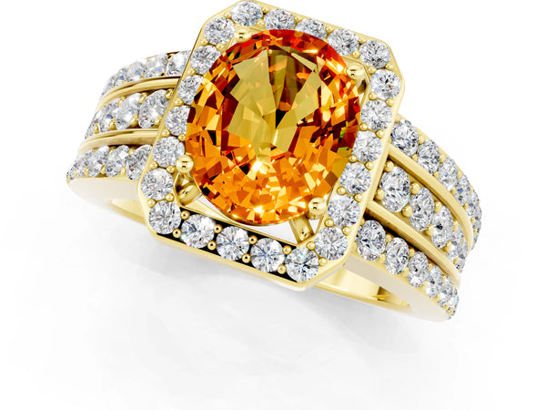 Yellow gold Oval Cut Halo Citrine Ring with Round  Split Shank and Prong Setting