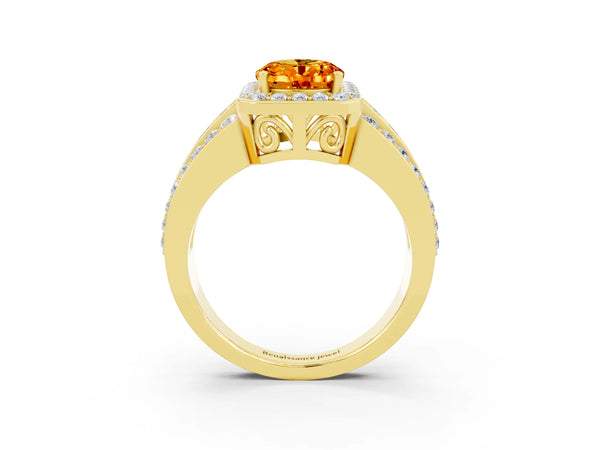 Yellow gold Oval Cut Halo Citrine Ring with Round  Split Shank and Prong Setting