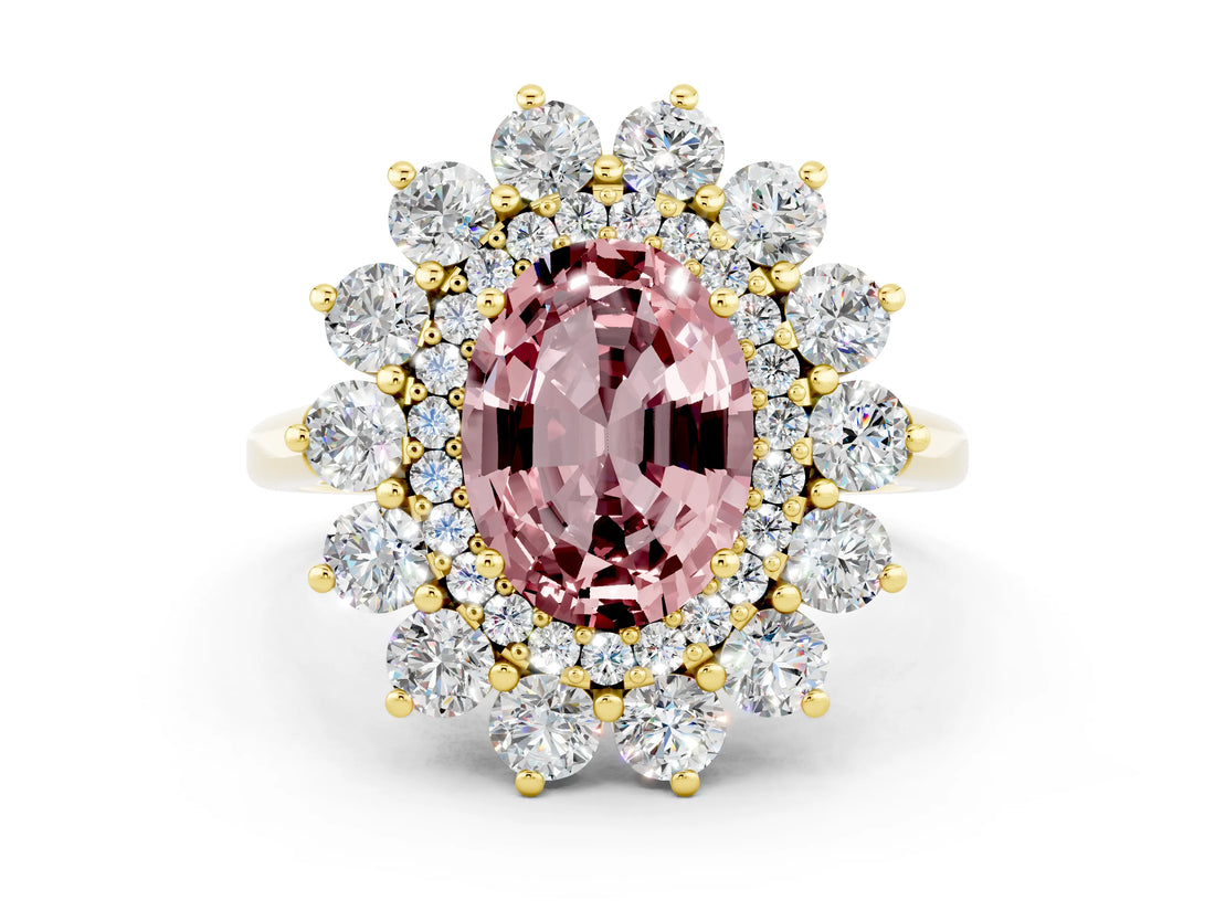 Yellow gold Oval Cut Halo Cluster Diamond Ring with Pave Band and Four-Prong Setting