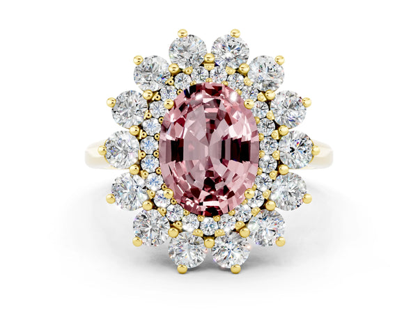 Yellow gold Oval Cut Halo Cluster Diamond Ring with Pave Band and Four-Prong Setting