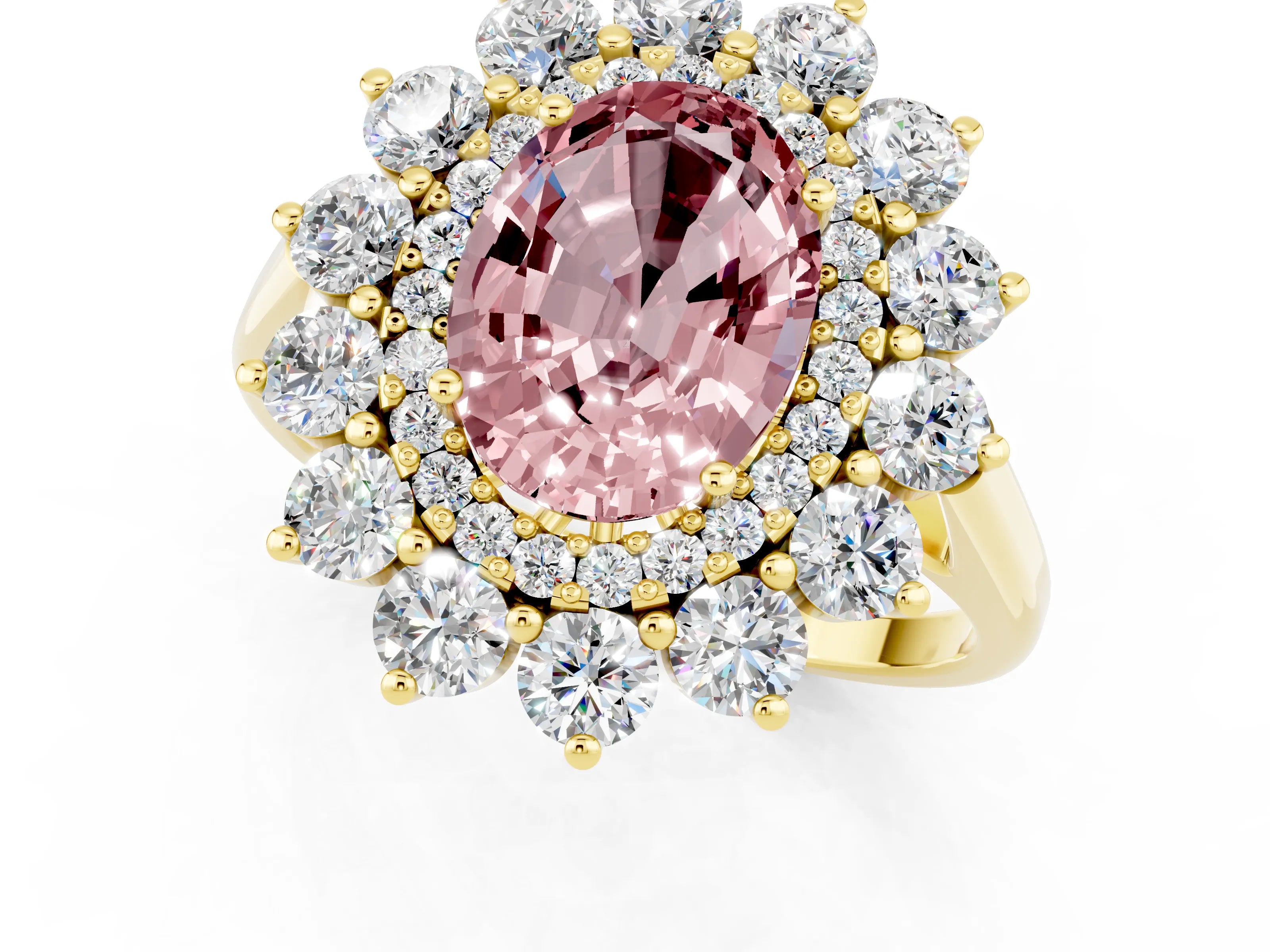 Yellow gold Oval Cut Halo Cluster Diamond Ring with Pave Band and Four-Prong Setting_1