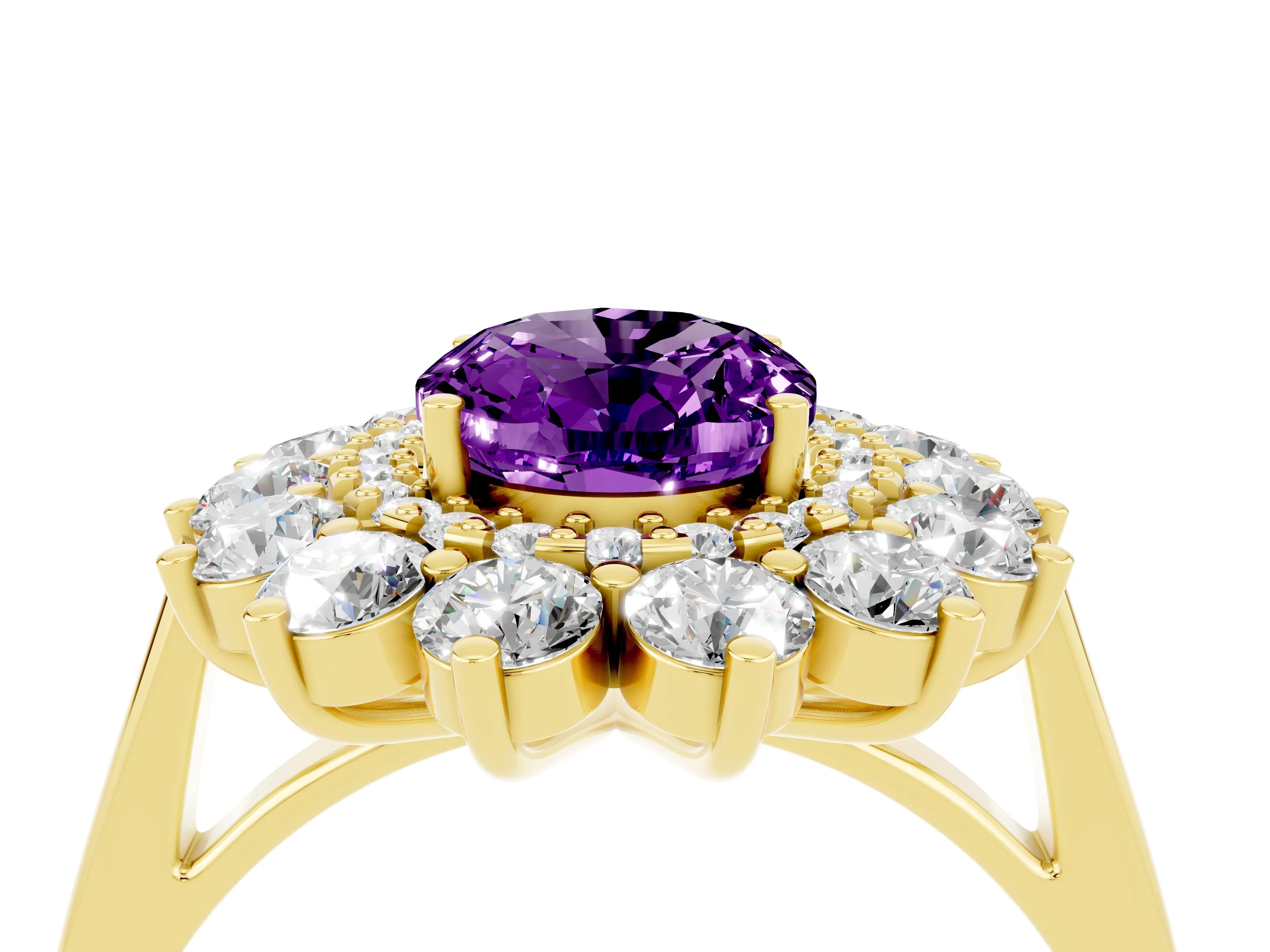 Yellow gold Oval Cut Halo Cluster Diamond Ring with Pave Band and Four-Prong Setting_10