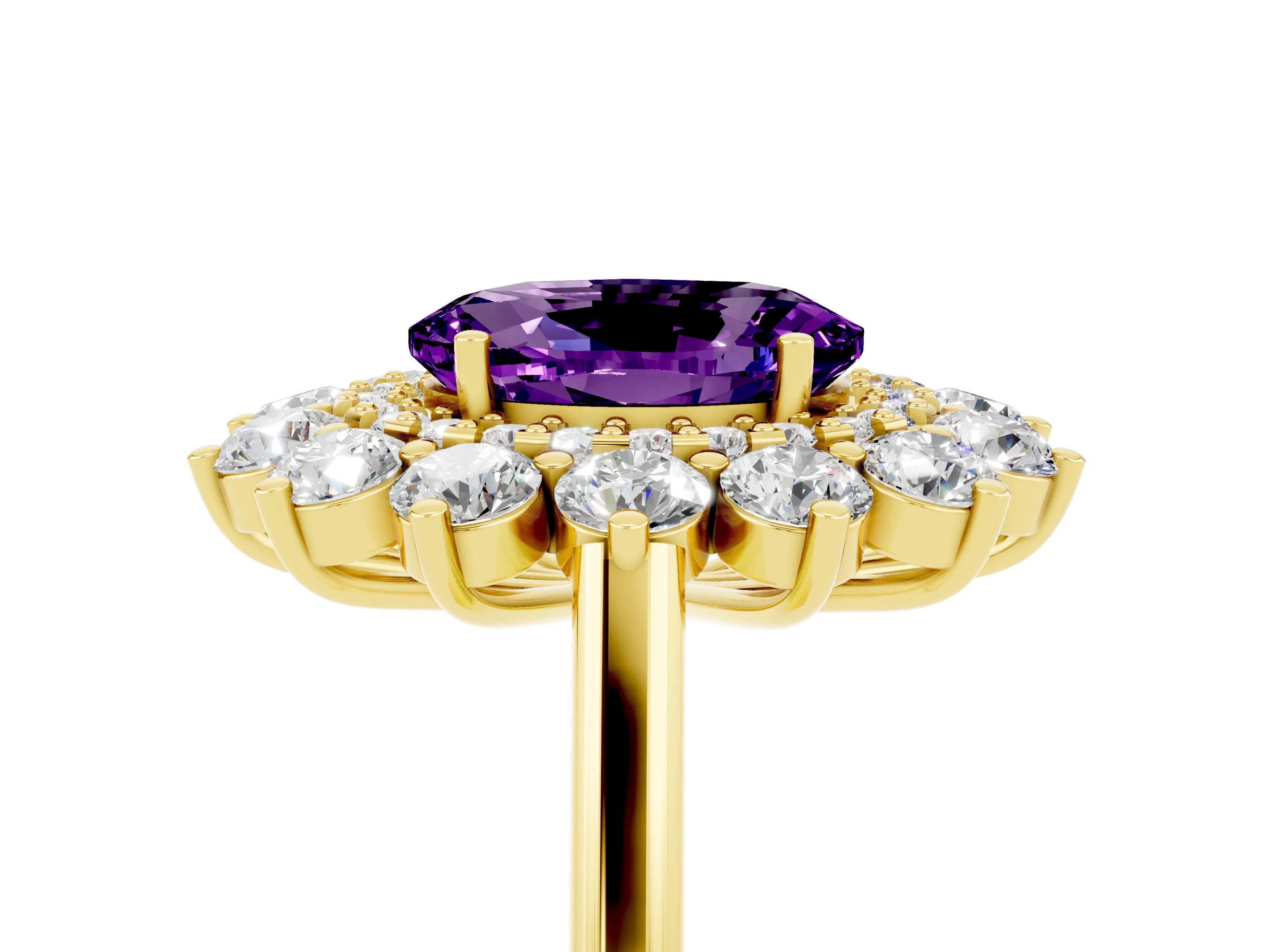 Yellow gold Oval Cut Halo Cluster Diamond Ring with Pave Band and Four-Prong Setting_11