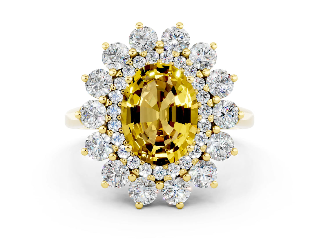 Yellow gold Oval Cut Halo Cluster Diamond Ring with Pave Band and Four-Prong Setting_12