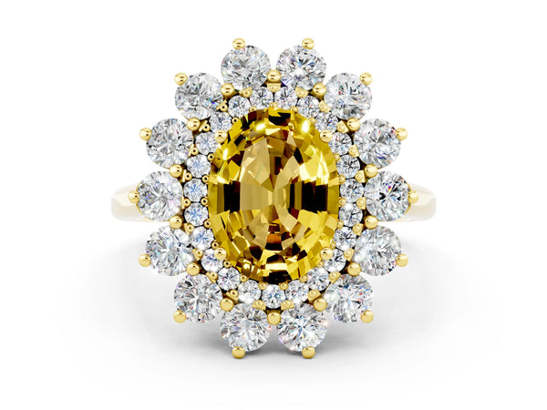 Yellow gold Oval Cut Yellow Sapphire Floral Double Halo Engagement Ring with Prong Setting