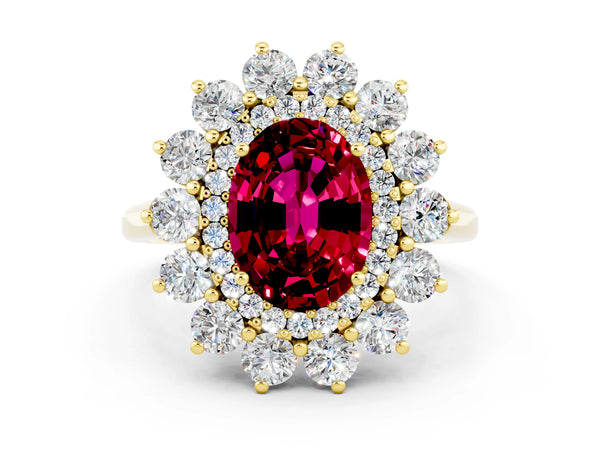 Yellow gold Oval Cut Garnet Floral Double Halo Engagement Ring with Prong Setting