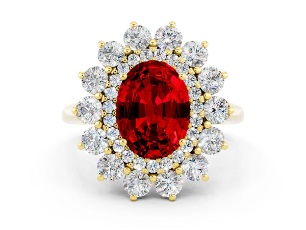 Yellow gold Oval Cut Ruby Floral Double Halo Engagement Ring with Prong Setting
