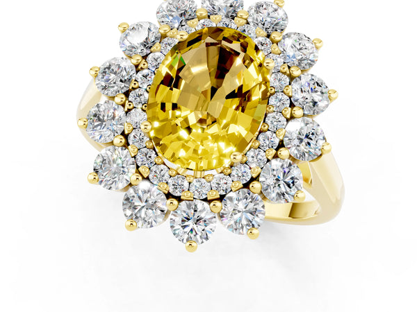 Yellow gold Oval Cut Yellow Sapphire Floral Double Halo Engagement Ring with Prong Setting