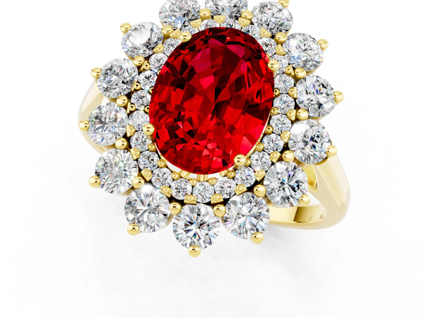 Yellow gold Oval Cut Ruby Floral Double Halo Engagement Ring with Prong Setting