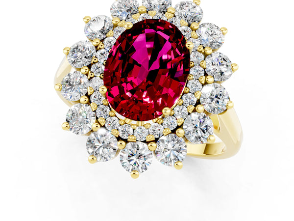 Yellow gold Oval Cut Garnet Floral Double Halo Engagement Ring with Prong Setting