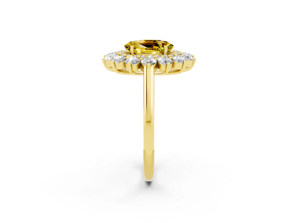 Yellow gold Oval Cut Yellow Sapphire Floral Double Halo Engagement Ring with Prong Setting