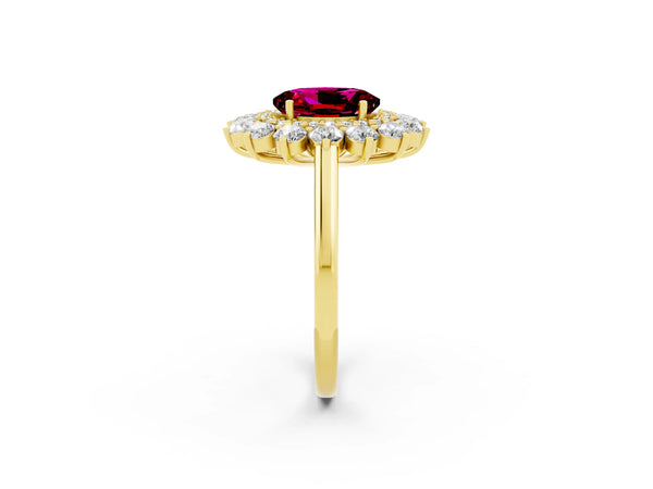 Yellow gold Oval Cut Garnet Floral Double Halo Engagement Ring with Prong Setting