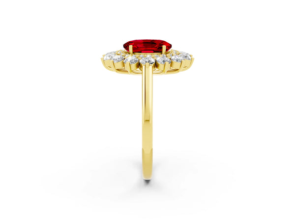 Yellow gold Oval Cut Ruby Floral Double Halo Engagement Ring with Prong Setting