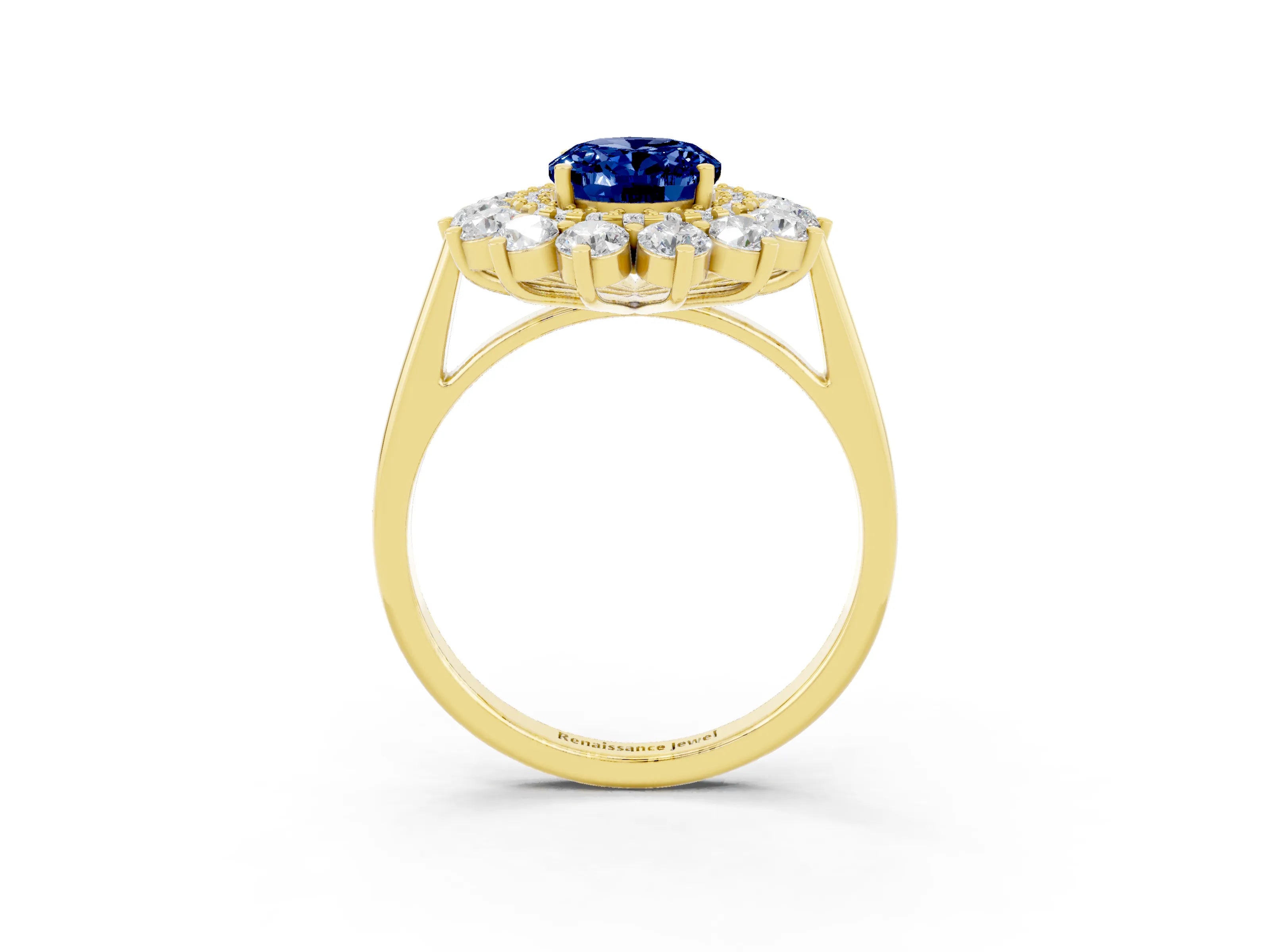 Yellow gold Oval Cut Halo Cluster Diamond Ring with Pave Band and Four-Prong Setting_15