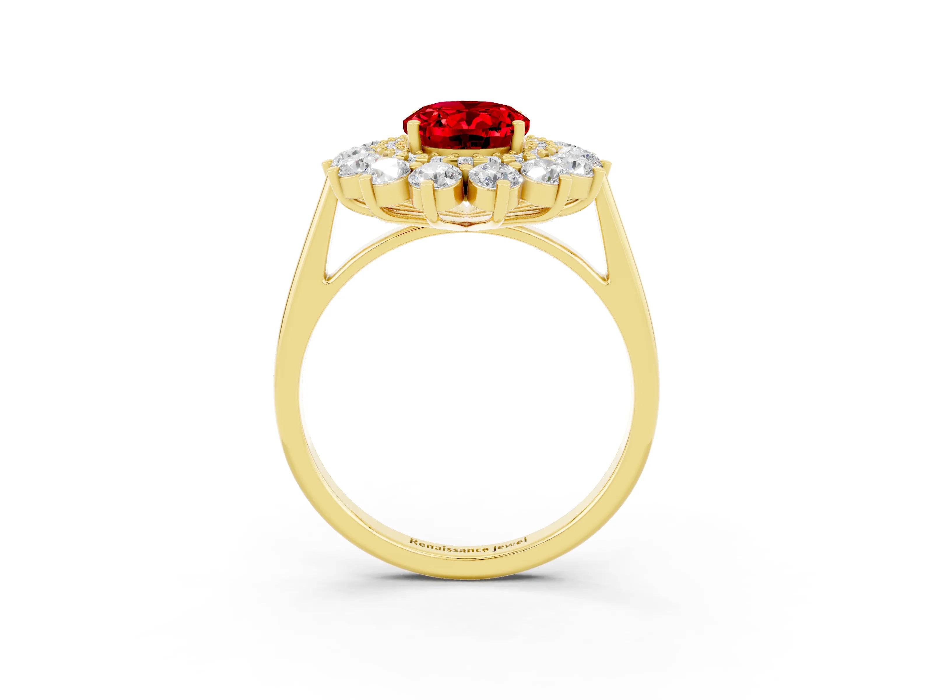 Yellow gold Oval Cut Halo Cluster Diamond Ring with Pave Band and Four-Prong Setting_15