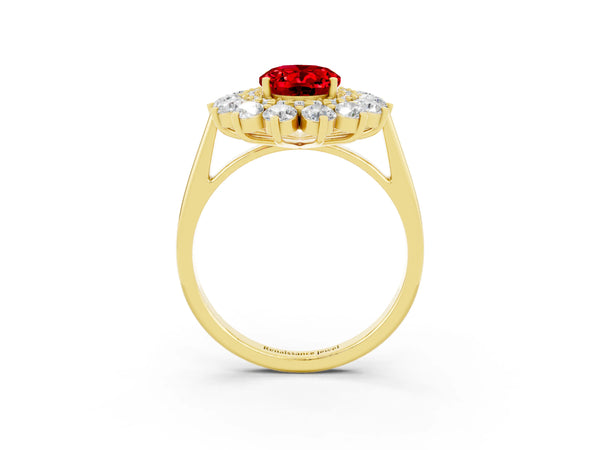 Yellow gold Oval Cut Ruby Floral Double Halo Engagement Ring with Prong Setting