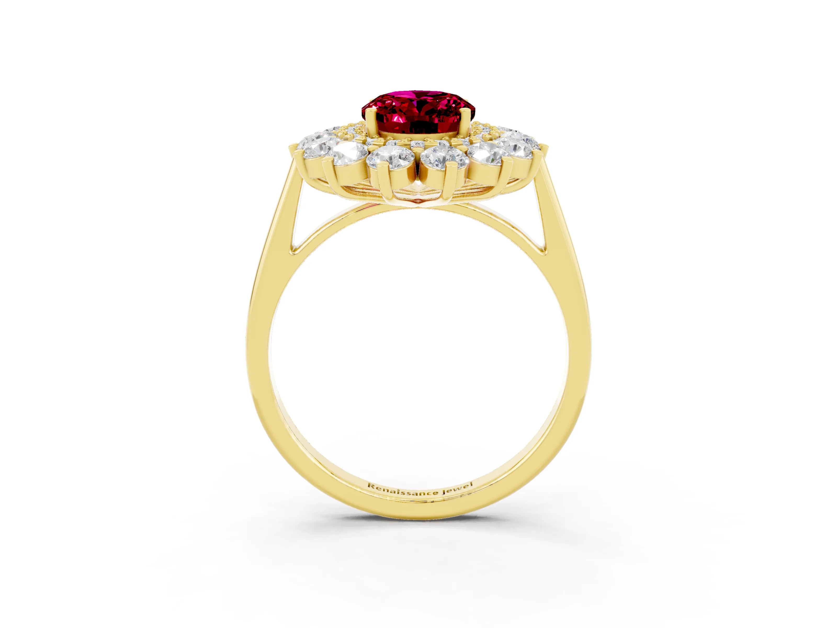 Yellow gold Oval Cut Halo Cluster Diamond Ring with Pave Band and Four-Prong Setting_15