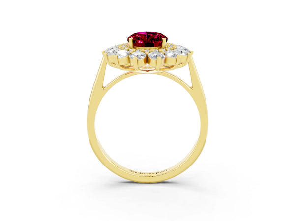 Yellow gold Oval Cut Garnet Floral Double Halo Engagement Ring with Prong Setting