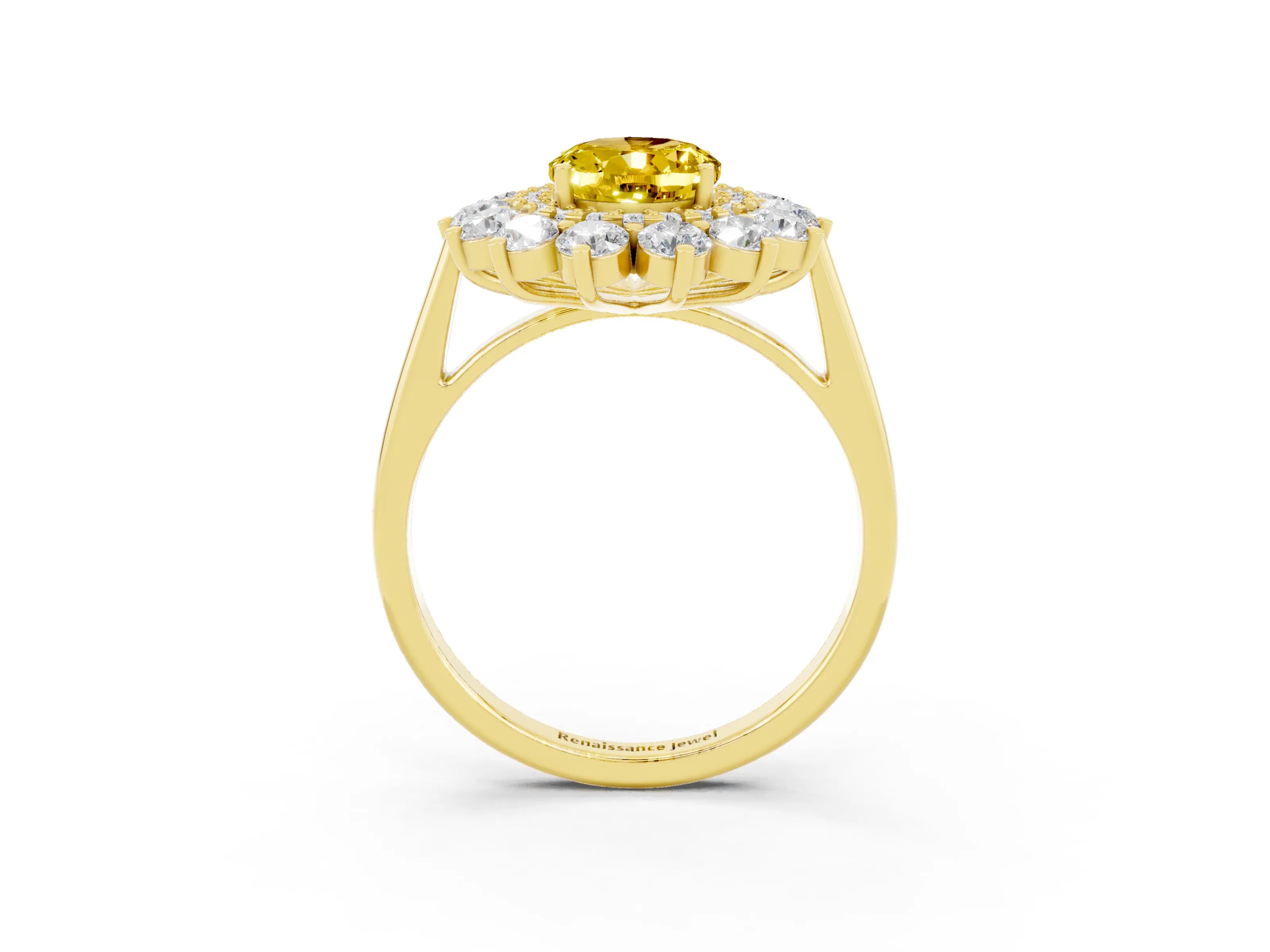 Yellow gold Oval Cut Halo Cluster Diamond Ring with Pave Band and Four-Prong Setting_15