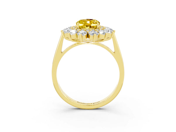 Yellow gold Oval Cut Yellow Sapphire Floral Double Halo Engagement Ring with Prong Setting