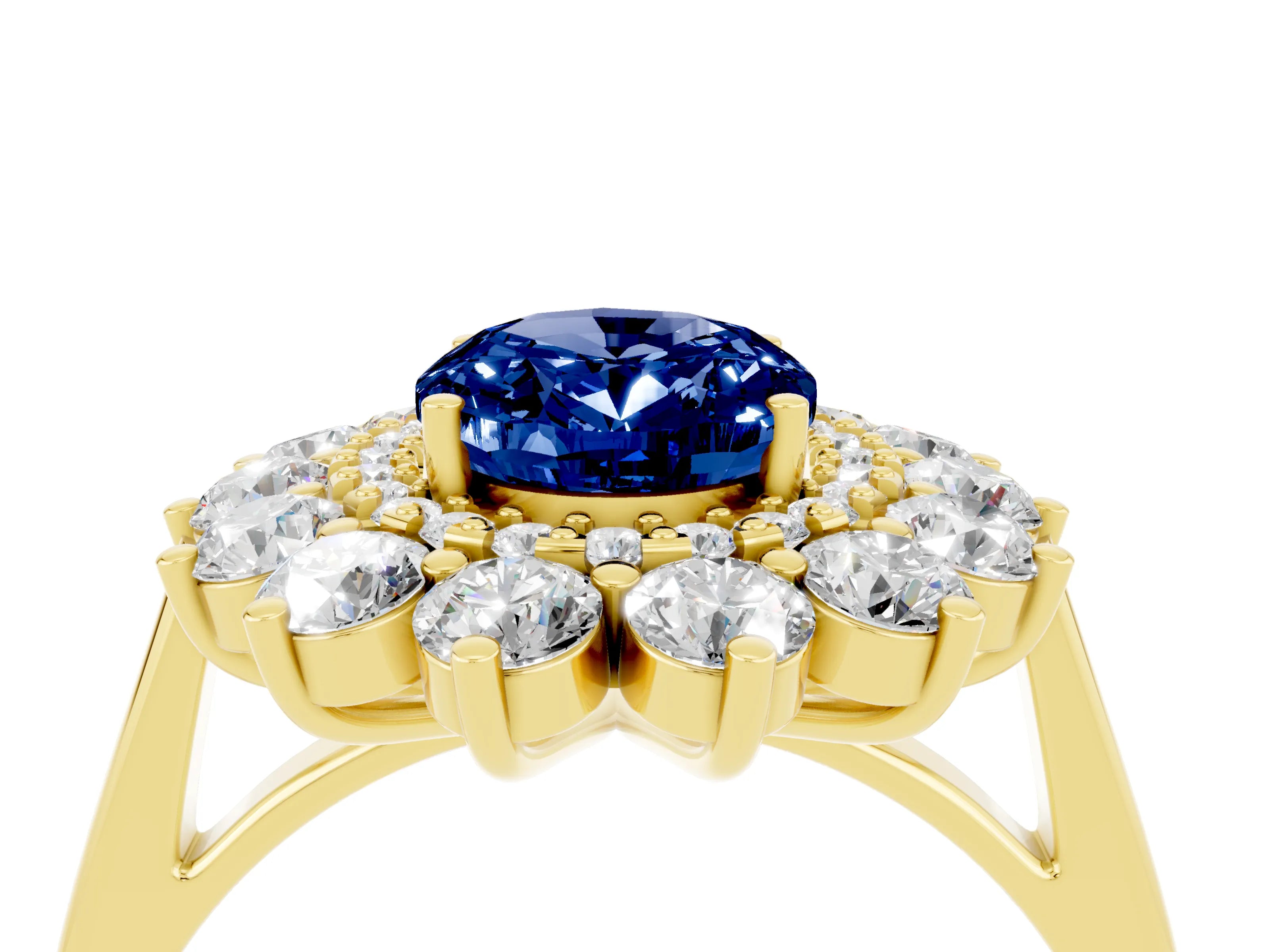 Yellow gold Oval Cut Halo Cluster Diamond Ring with Pave Band and Four-Prong Setting_16