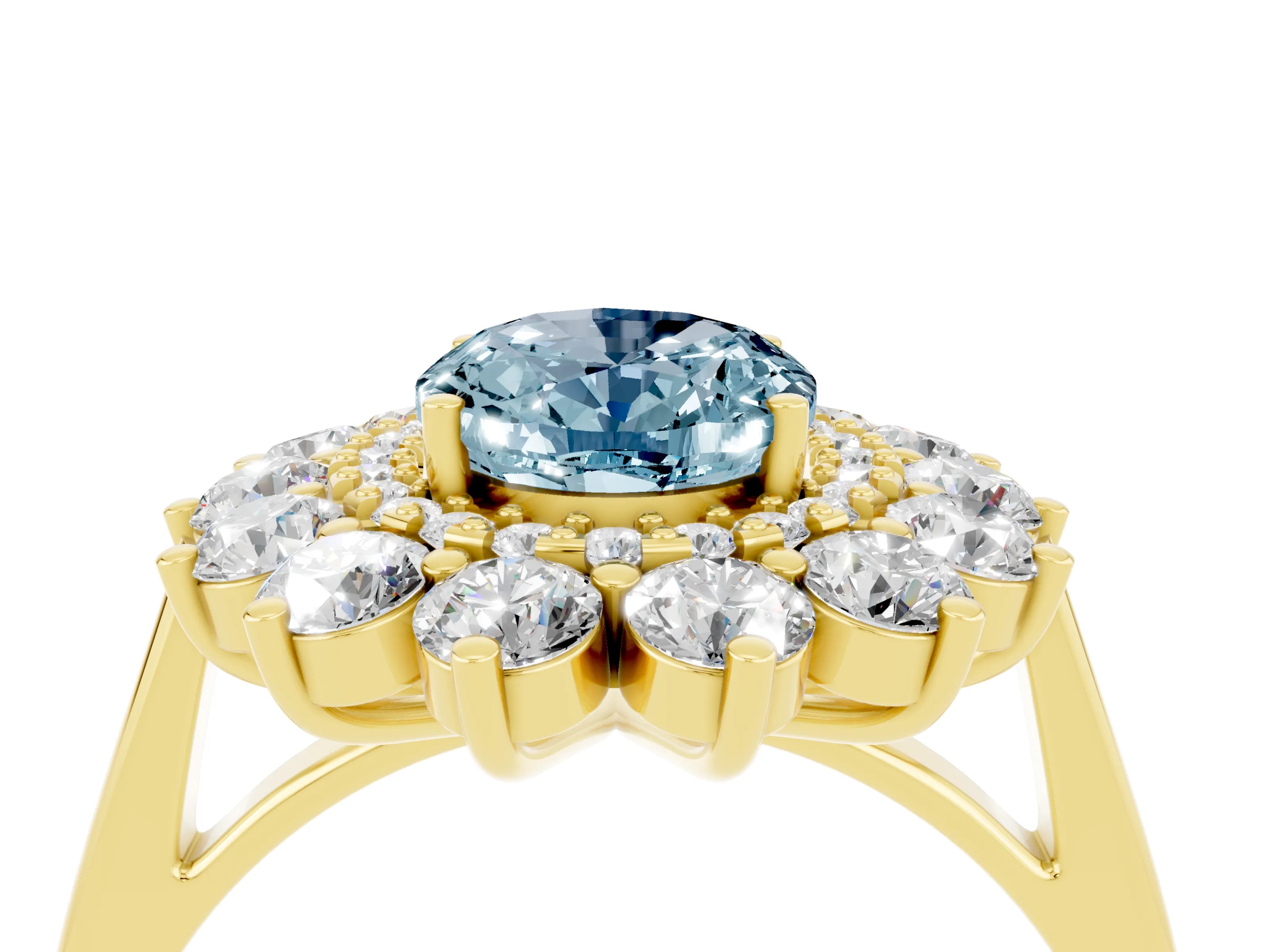 Yellow gold Oval Cut Halo Cluster Diamond Ring with Pave Band and Four-Prong Setting_16