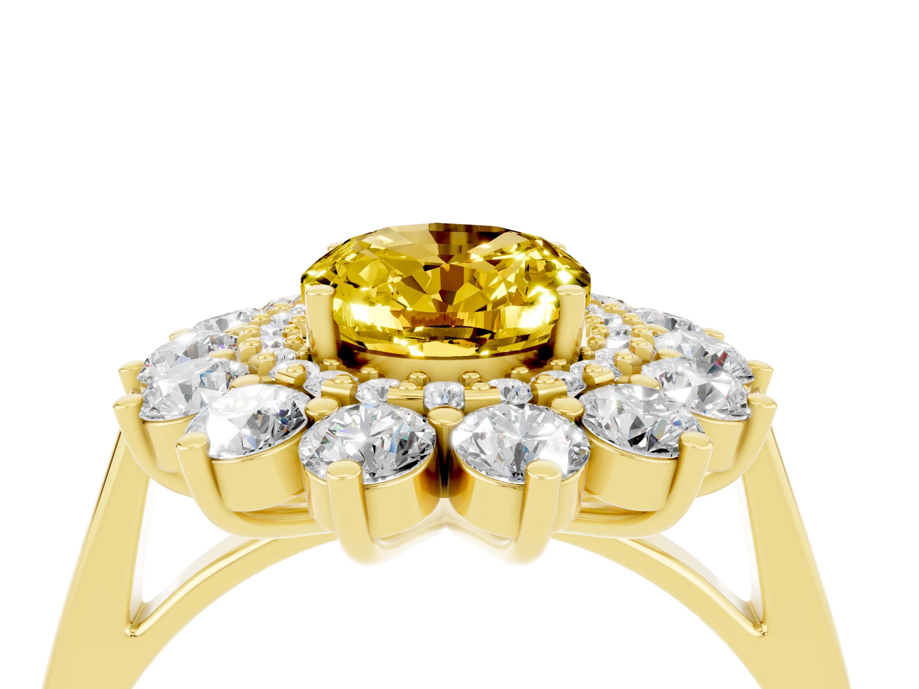 Yellow gold Oval Cut Halo Cluster Diamond Ring with Pave Band and Four-Prong Setting_16