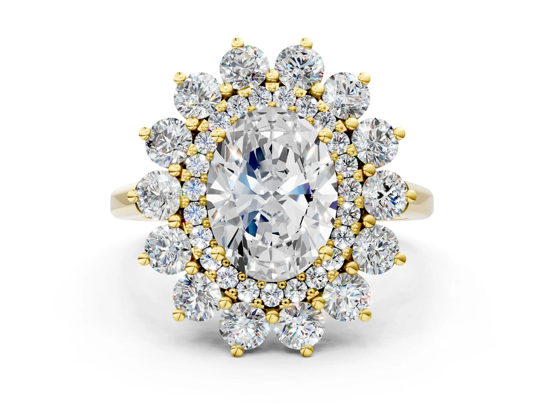 Yellow gold Oval Cut Halo Cluster Diamond Ring with Pave Band and Four-Prong Setting_17