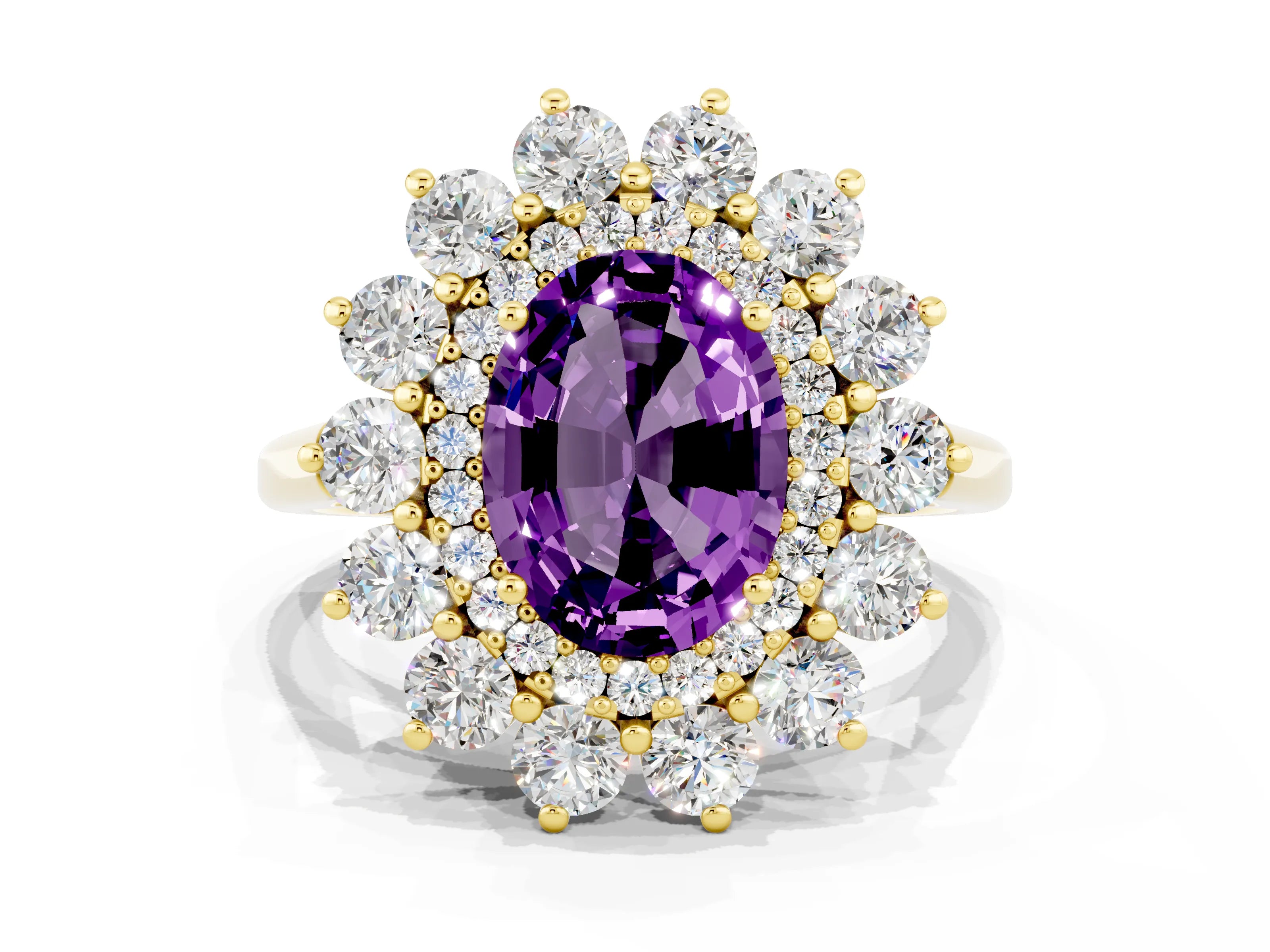 Yellow gold Oval Cut Halo Cluster Diamond Ring with Pave Band and Four-Prong Setting_18